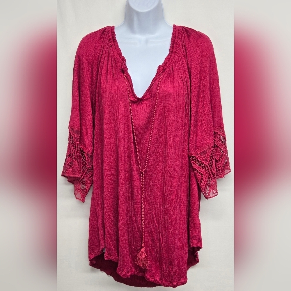 Eyeshadow Pullover Stretch Knit Crinkle Top Top 2X V Neck Tie Lace Sleeves